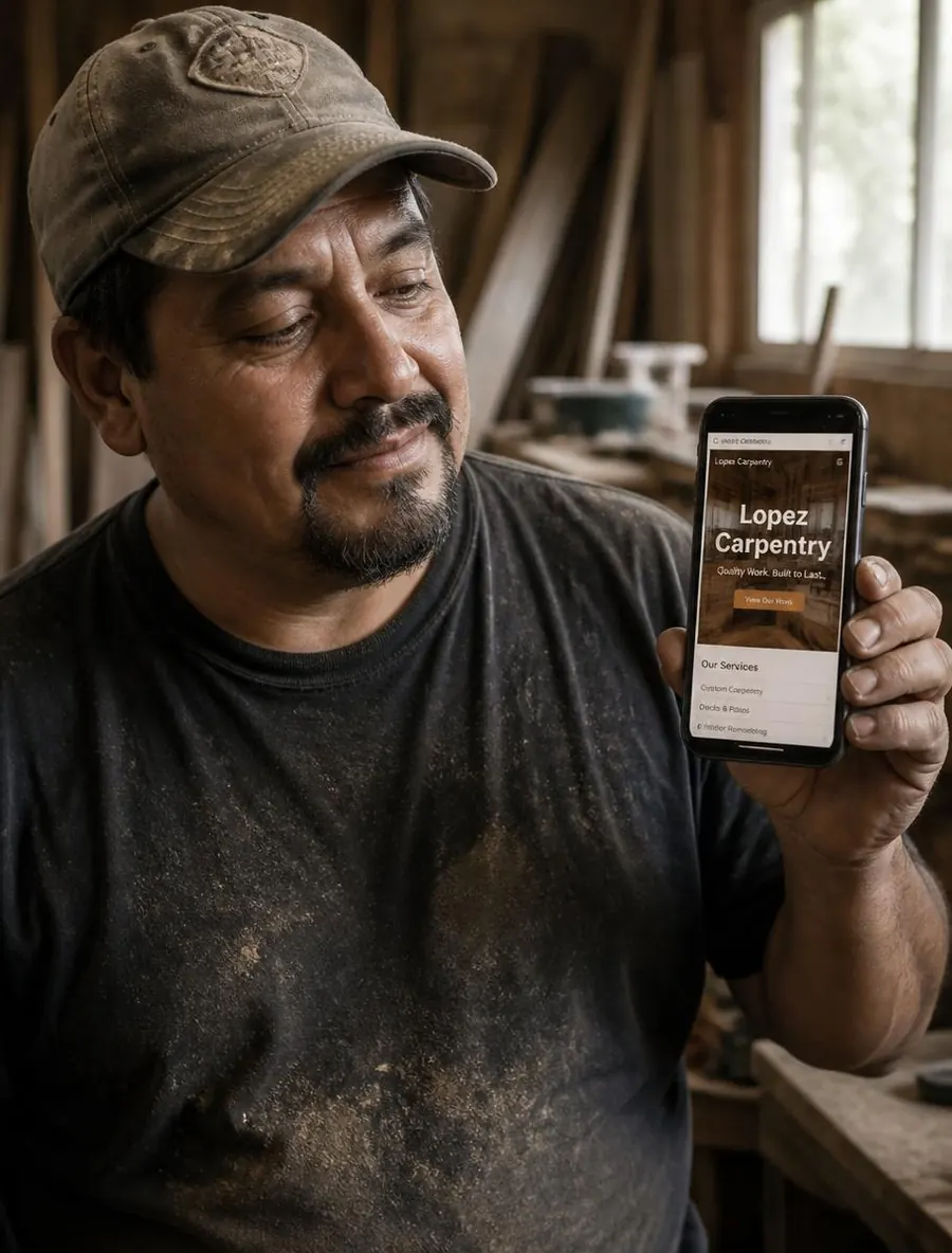 Dono de negócio local mostrando o site da sua empresa no celular